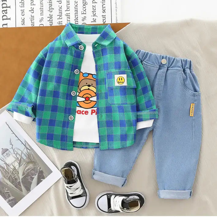 Boys 3-Piece Plaid Shirt, T-Shirt & Jeans Set (1-5 Years)- Green-Red-Yellow